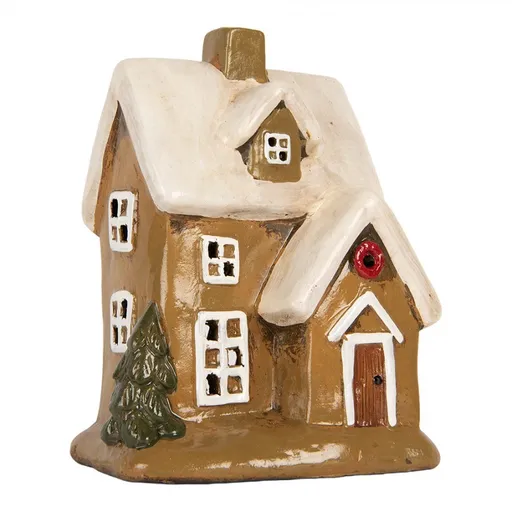 Hnědý keramický svícen na čajovou svíčku domek Village - 15*12*20 cm Clayre & Eef