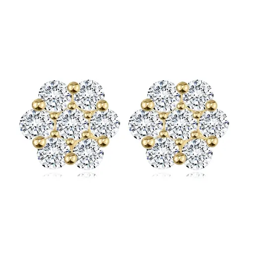 Náušnice ze žlutého zlata 585 - motiv květin, kulaté zirkony, puzetky