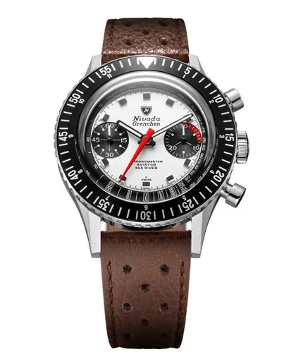 Nivada Grenchen Chronomaster White Panda 41mm - Brown Racing Strap