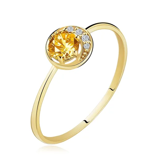 Prsten ze žlutého 14K zlata - úzký srpek měsíce, žlutý citrín, zirkonky čiré barvy - Velikost: 50