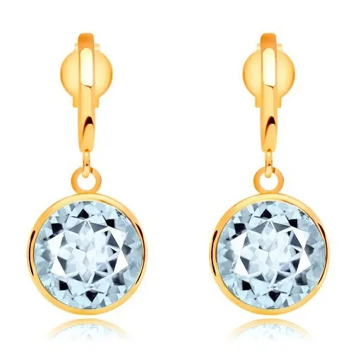 Náušnice ze žlutého zlata 585 - úzký oblouček a broušený topas modré barvy