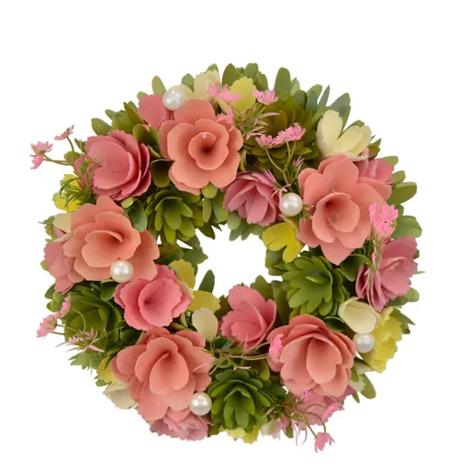 Věnec z dřevěných květů s perličkami 30 cm