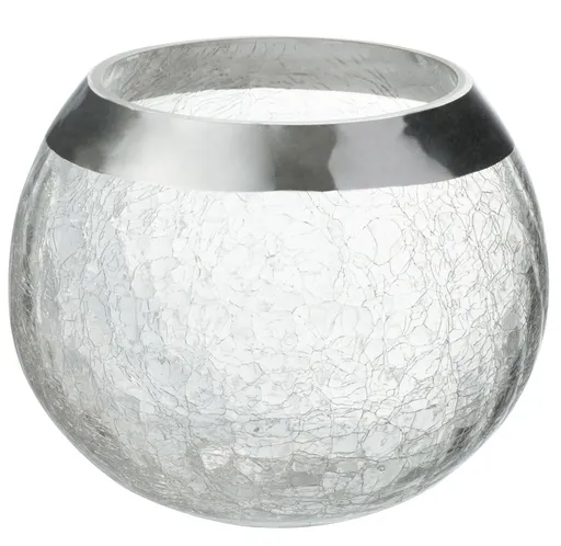 Transparentní skleněný kulatý svicen na čajovou svíčku se stříbrným zdobením - Ø 15*12 cm 65145