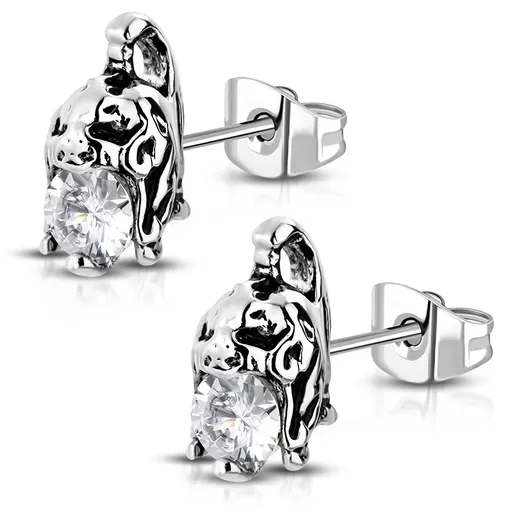 Náušnice z chirurgické oceli - helma bojovníka s čirým zirkonem, patina