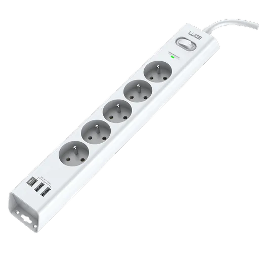 WG - Přepěťová ochrana 5 slotů + 2x USB-A + 1x USB-C, kabel 1, 5 metru, bílá