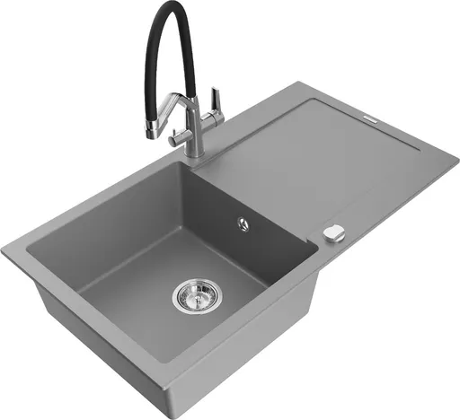 MEXEN/S Leo granitový dřez 1-miska s odkapávačem včetně baterie Duo, šedá 6501-71-671701-07