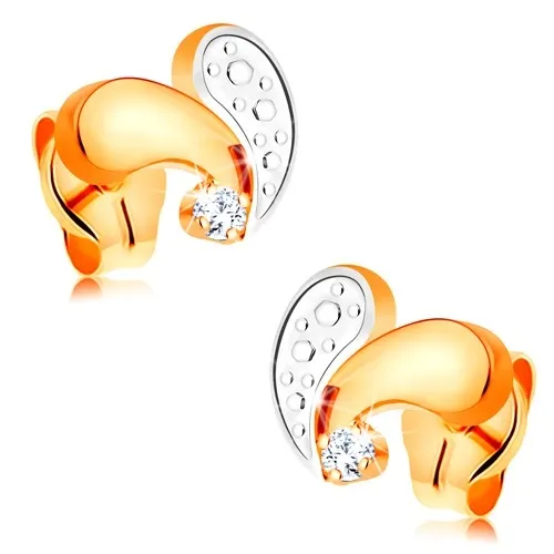 Puzetové náušnice ze 14K zlata - žlutá a bílá zahnutá slzička, čirý zirkon