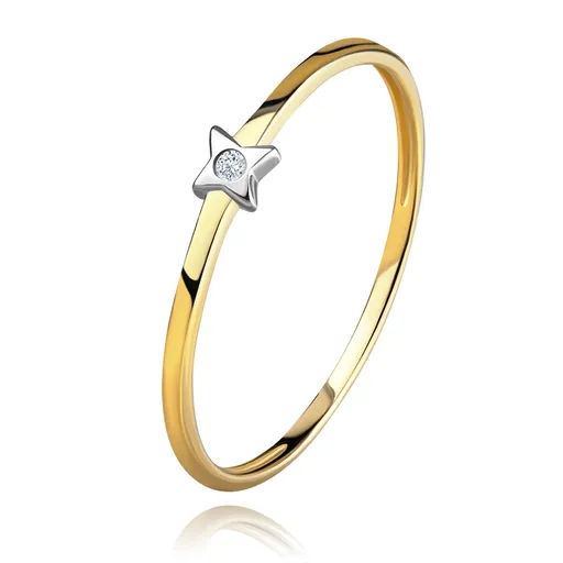 Dvoubarevný zlatý prsten 585 - hvězdička s čirým briliantem, tenká ramena - Velikost: 49