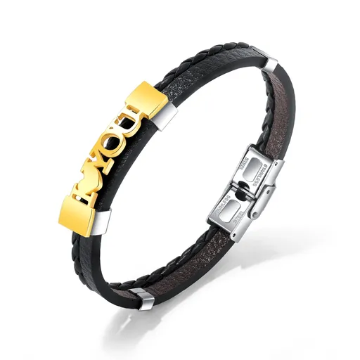 Náramek ze syntetické kůže, ocelová známka zlaté barvy - I LOVE YOU