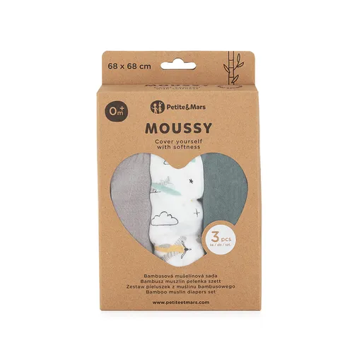 Petite&Mars Sada plen bambusová mušelínová Moussy 68 x 68 cm 3 ks Grey Planes