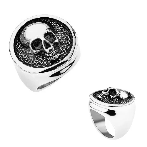 Prsten z oceli 316L, kruh s vyvýšeným lemem, lebka, černá patina - Velikost: 56