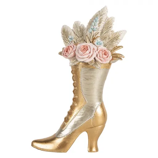 Zlatá antik dekorace dámská bota na podpatku s květy - 14*7*22 cm Clayre & Eef
