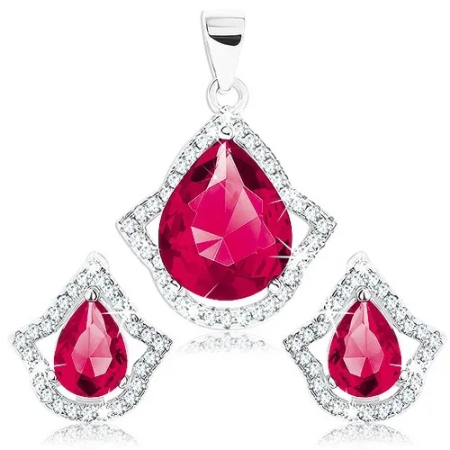 Stříbrný 925 set - přívěsek a náušnice, červenorůžová kapka v čirém obrysu