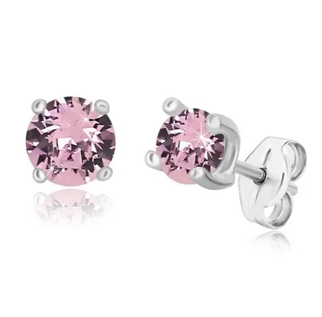 Stříbrné náušnice 925 - kulatý zirkon v bledě fialovém odstínu, čtvercový kotlík