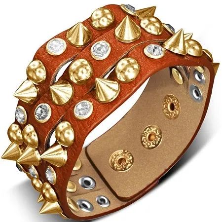 Náramek z kůže - oranžovohnědý s hrotem, polokoulí a kamenem