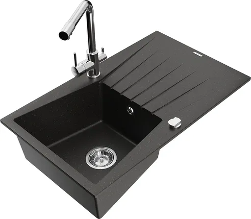 MEXEN/S Cesar granitový dřez s odkapávačem včetně baterie Duero, černá/zlatá metalik 6514-75-671600-00