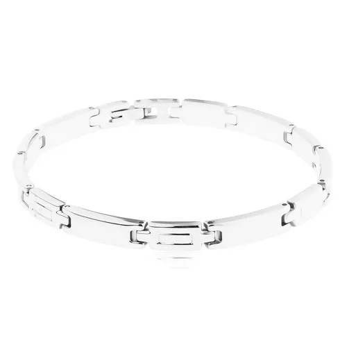 Náramek z chirurgické oceli, podlouhlé lesklé články, vyryté obdélníky