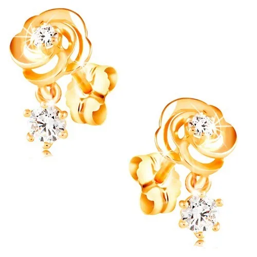 Náušnice ze žlutého 14K zlata, květ růže s čirými zirkony, puzetky
