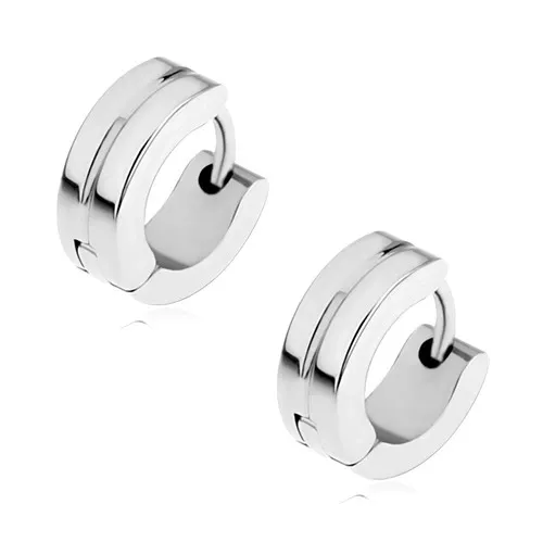 Kloubové ocelové náušnice stříbrné barvy, zrcadlový lesk, zářez