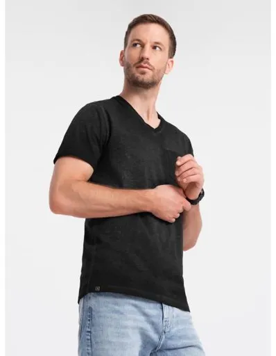 Pánské žíhané tričko s kapsou a výstřihem do V černé