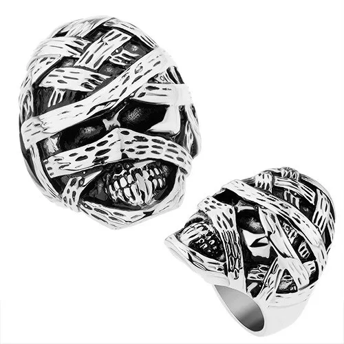 Masivní prsten z oceli 316L, lesklý a patinovaný povrch, vypouklá mumie - Velikost: 57