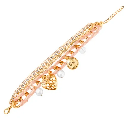 Nastavitelný náramek, světle růžová stužka, řetízky, přívěsky, zirkonky