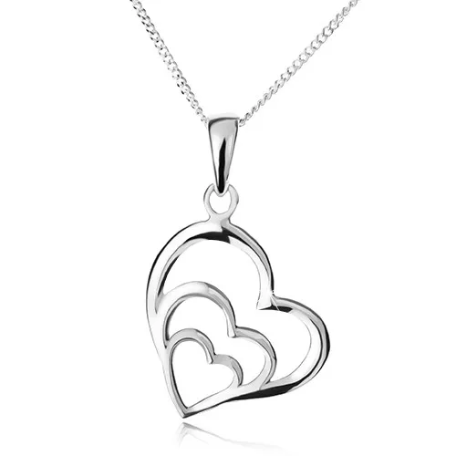 Náhrdelník - řetízek a tři nesouměrné obrysy srdcí, stříbro 925