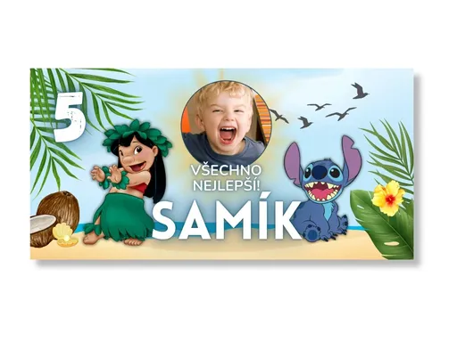 Personal Narozeninový banner s fotkou - Stitch Rozměr banner: 130 x 260 cm