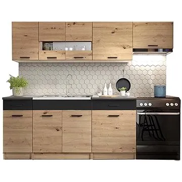 Kuchyňská linka Gatlin, dub Artisan/černá, šířka 240 cm (HA-ALINA240)