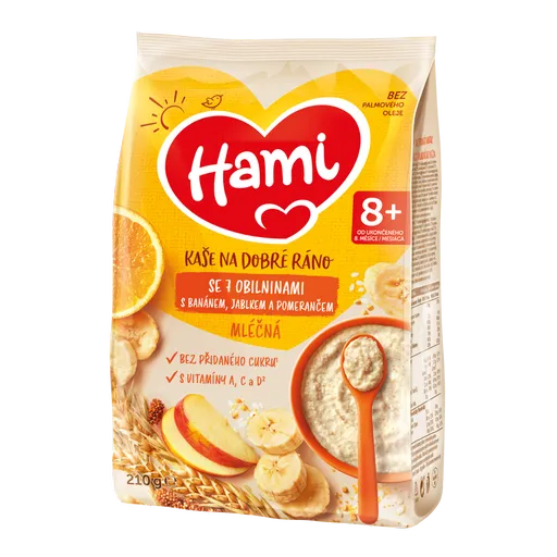 Hami Mléčná kaše na dobré ráno se 7 obilninami, jablkem, banánem a pomerančem 210 g