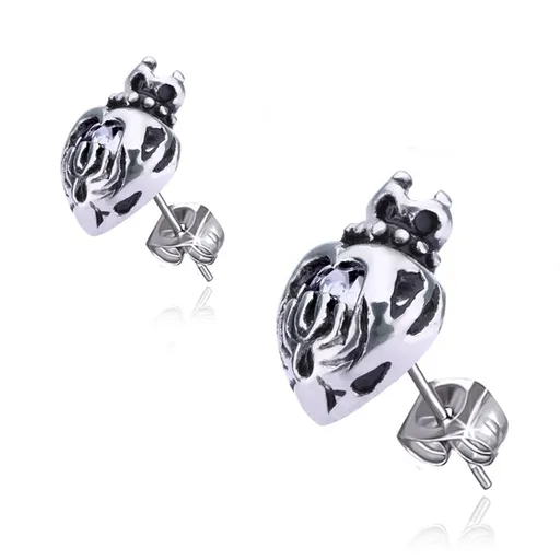 Náušnice z chirurgické oceli - srdce s korunkou, zirkon