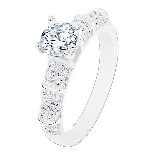 Stříbrný 925 prsten, třpytivá ramena, vyvýšený kulatý zirkon čiré barvy - Velikost: 59
