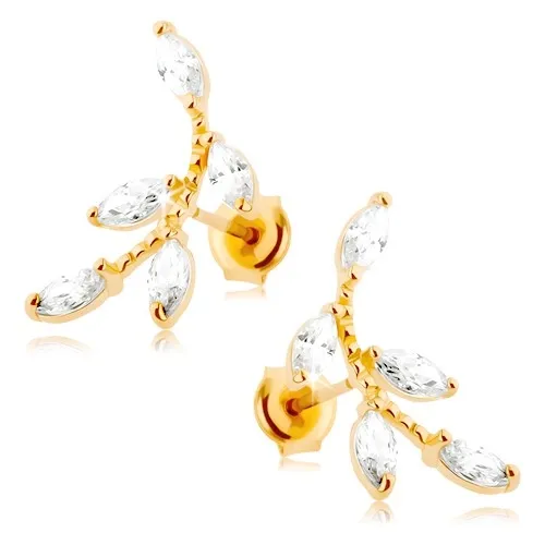 Náušnice ve žlutém 14K zlatě - blýskavá větvička, čiré zirkonové lístečky