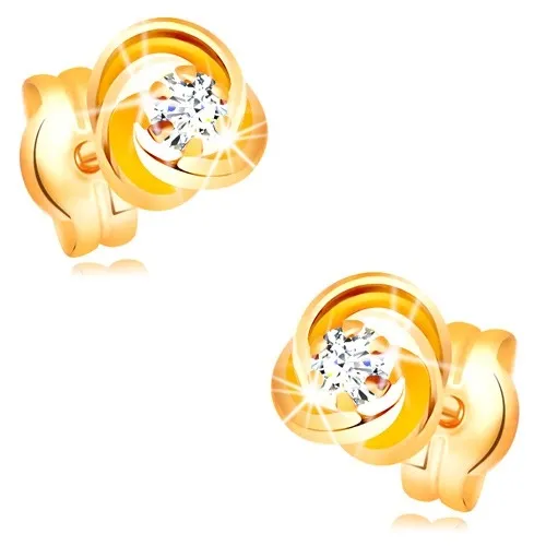 Náušnice ze žlutého zlata 585 - uzel ze tří prstenců, čirý zirkon uprostřed