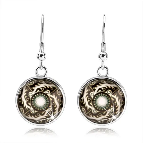 Kruhové náušnice, bílé linie zatočené do spirály, ornamenty, černý podklad