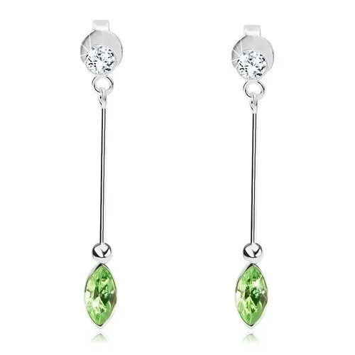 Náušnice ze stříbra 925, tyčinka, čirý kulatý a světle zelený zrnkovitý Swarovského krystal