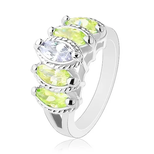 Prsten s rozdělenými rameny, zrnkovité zirkony světle zelené a čiré barvy - Velikost: 52