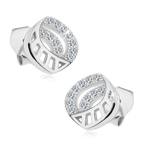 Stříbrné 925 náušnice, oblouk s výřezy a dvě zahnuté zirkonové linie