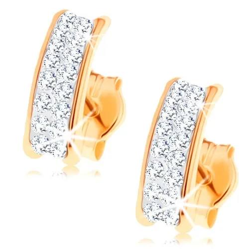 Zlaté náušnice 585 - třpytivý oblouk z krystalů Swarovski, lesklé okraje