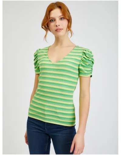 Žluto-zelené dámské pruhované tričko