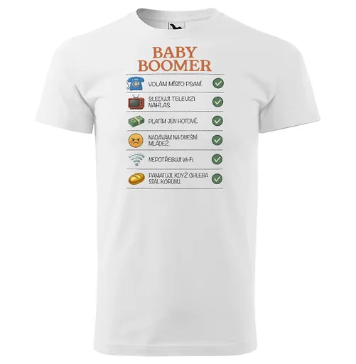 Tričko Baby Boomer – nastavení (Velikost: 4XL, Typ: pro muže, Barva trička: Bílá)