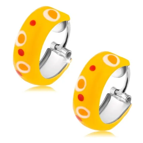 Stříbrné náušnice 925, kruhy, žlutá glazura, červené a oranžové tečky