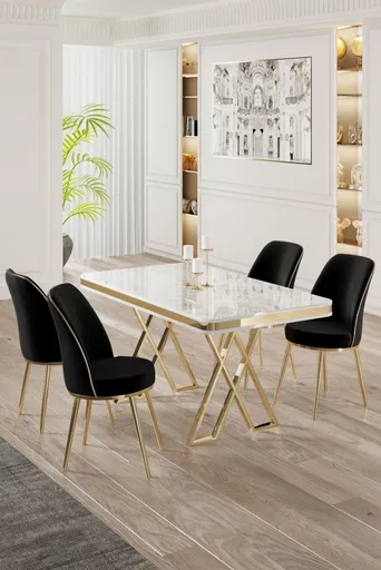 Dining Table & Chairs Set (5 Pieces) Vals - White, Gold, Black
