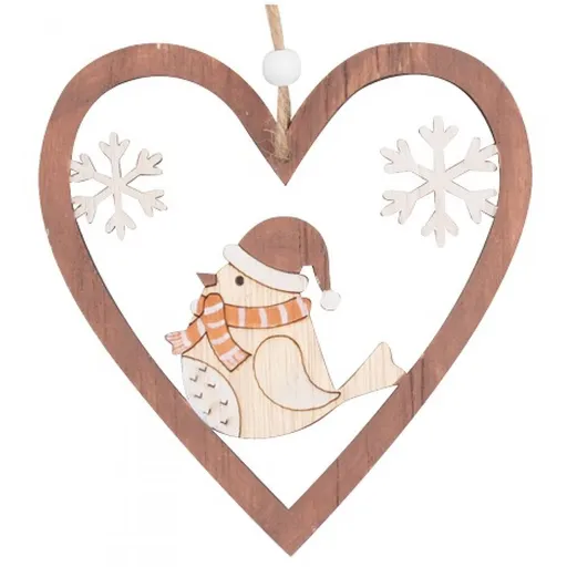 Srdíčko s ptáčkem na zavěšení 12 cm, hnědé