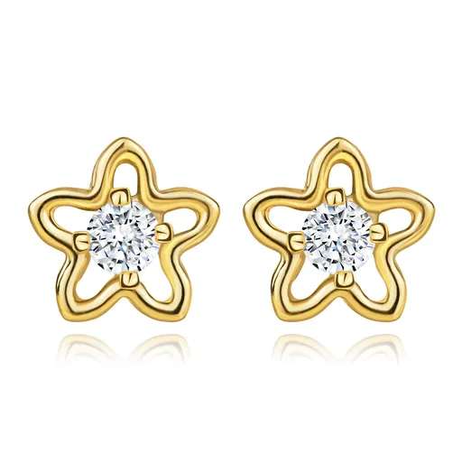 Zlaté náušnice ze žlutého zlata 585 - obrys květu, čirý zirkon uprostřed
