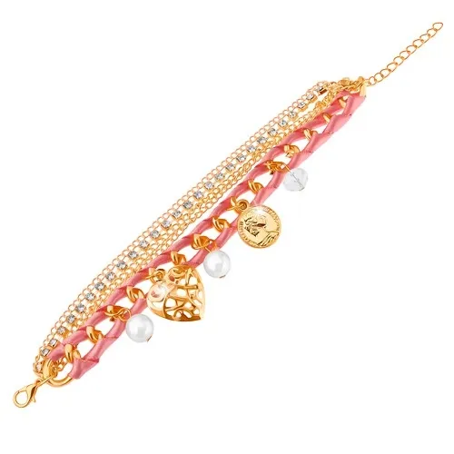 Nastavitelný náramek, růžová stužka, řetízky, korálky, mince, karabinka