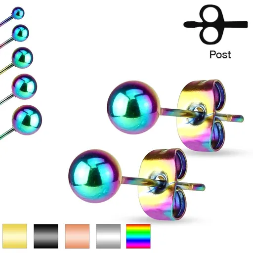 Náušnice z chirurgické oceli, lesklé hladké kuličky, 5 mm - Barva: Duhová