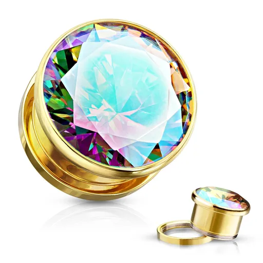 Ocelový 316L tunel do ucha, vsazený zirkon, duhový odlesk, PVD  - Tloušťka : 10 mm