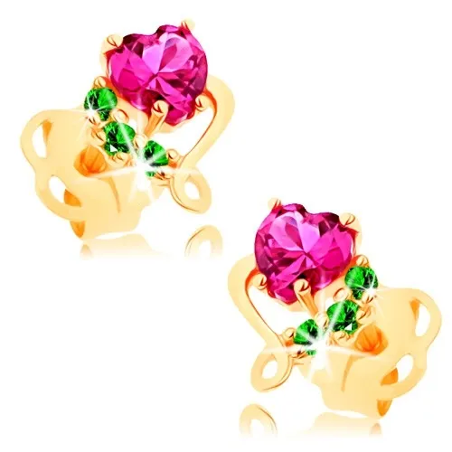 Zlaté náušnice 585 - růžové zirkonové srdíčko v lesklém obrysu, zelené zirkonky