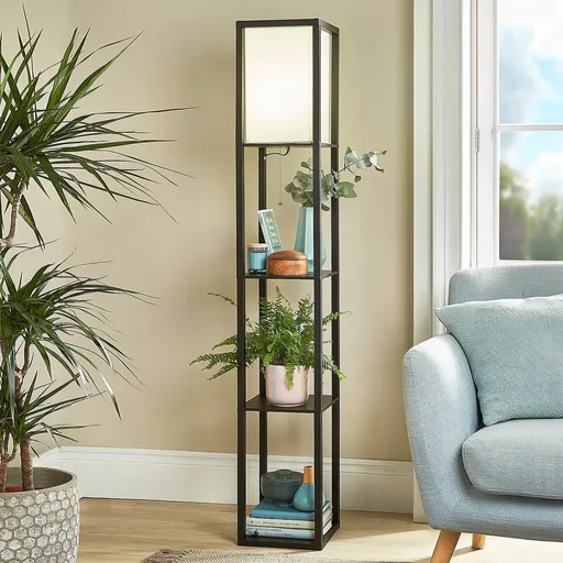 Stojací lampa s poličkou